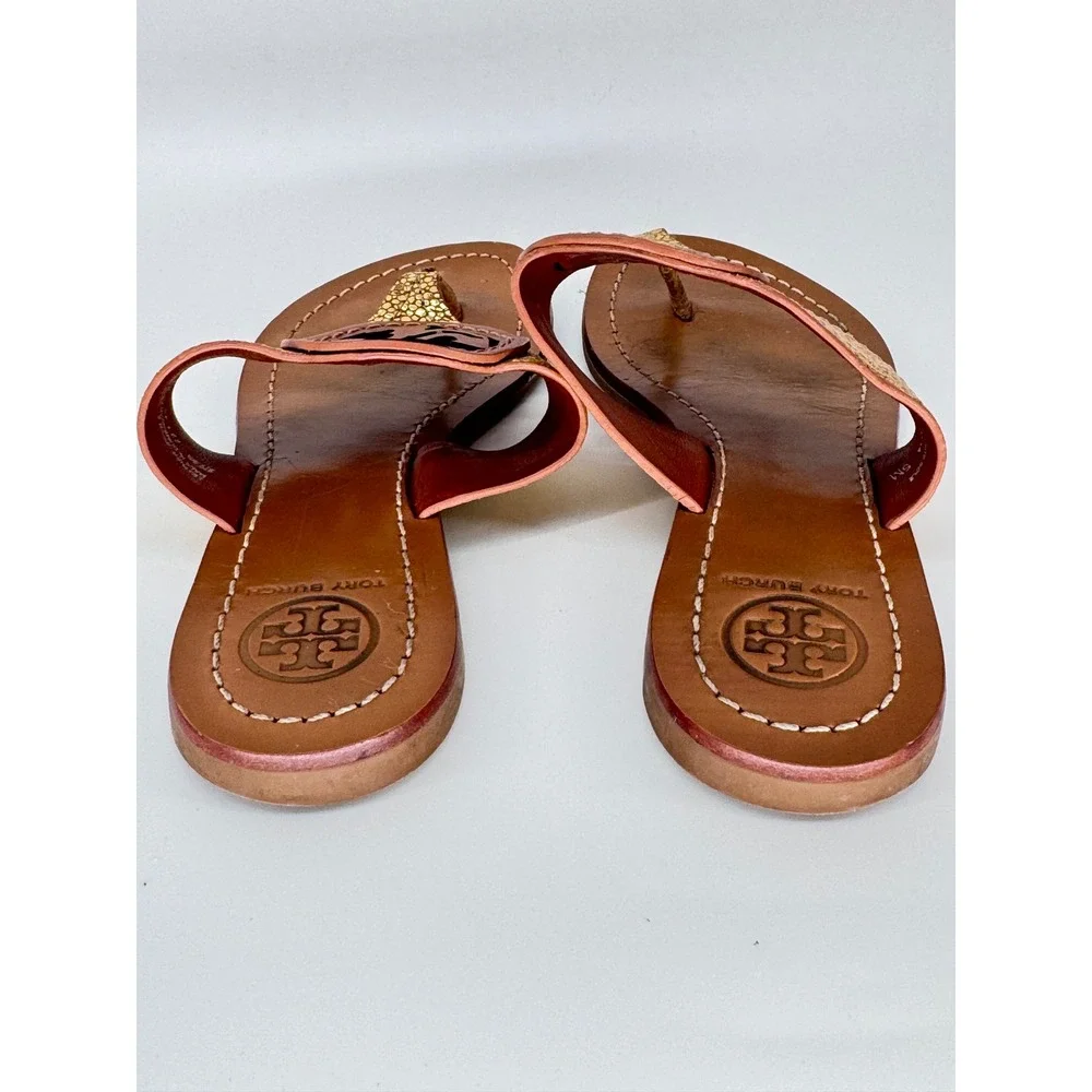 Tory Burch Miller Metallic Gold Leather Logo Thong Sandals Women's 5.5